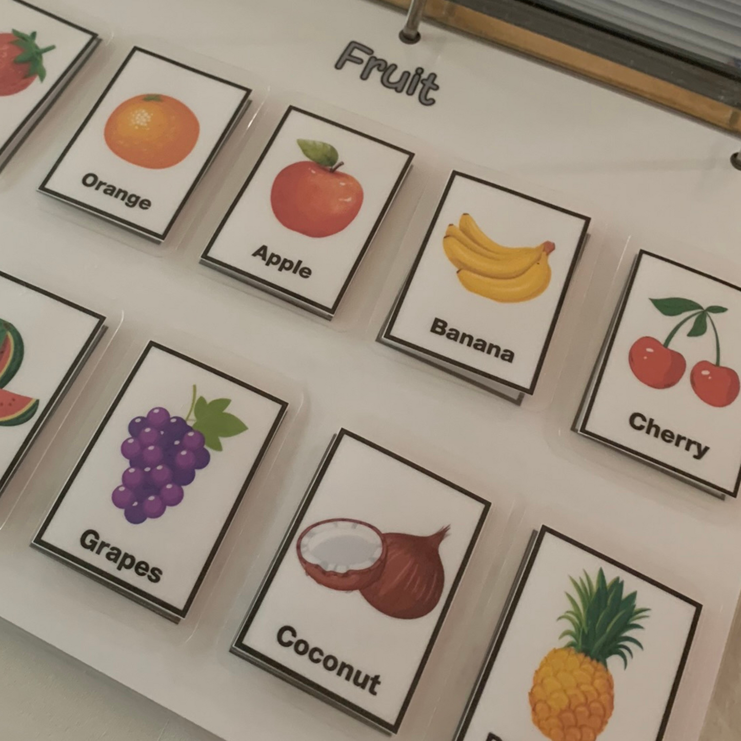 Explore IPLActivities learning binders|16 engaging activities, 140+ pictures including 8 from complementary task analysis activities to spark exploration and growth! This picture is of the fruit learning page that includes 10 pictures of fruit.