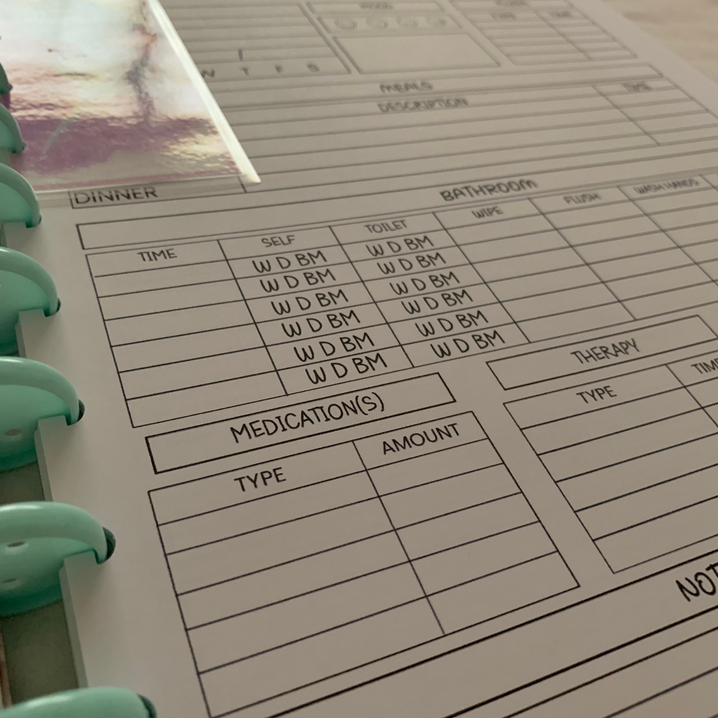 IPLActivites Childcare Logbook promotes transparency, coordination, and collaboration among caregivers, enhancing the overall quality of childcare and facilitating effective communication with parents. This picture features an inside page of our childcare logbook. It includes space for medication, therapy, meals, fluids, notes, bathroom, and mood.