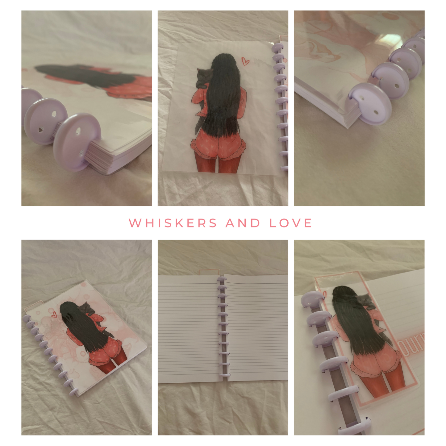 IPLActivities Whiskers and Love Discbound journal or notebook to write about your purr-fect friend or what inspires you! It includes 120 pages (60 sheets front and back). A transparent bookmark included that matches front cover. The front cover features a girl in pink shorts pajamas holding a gray cat.