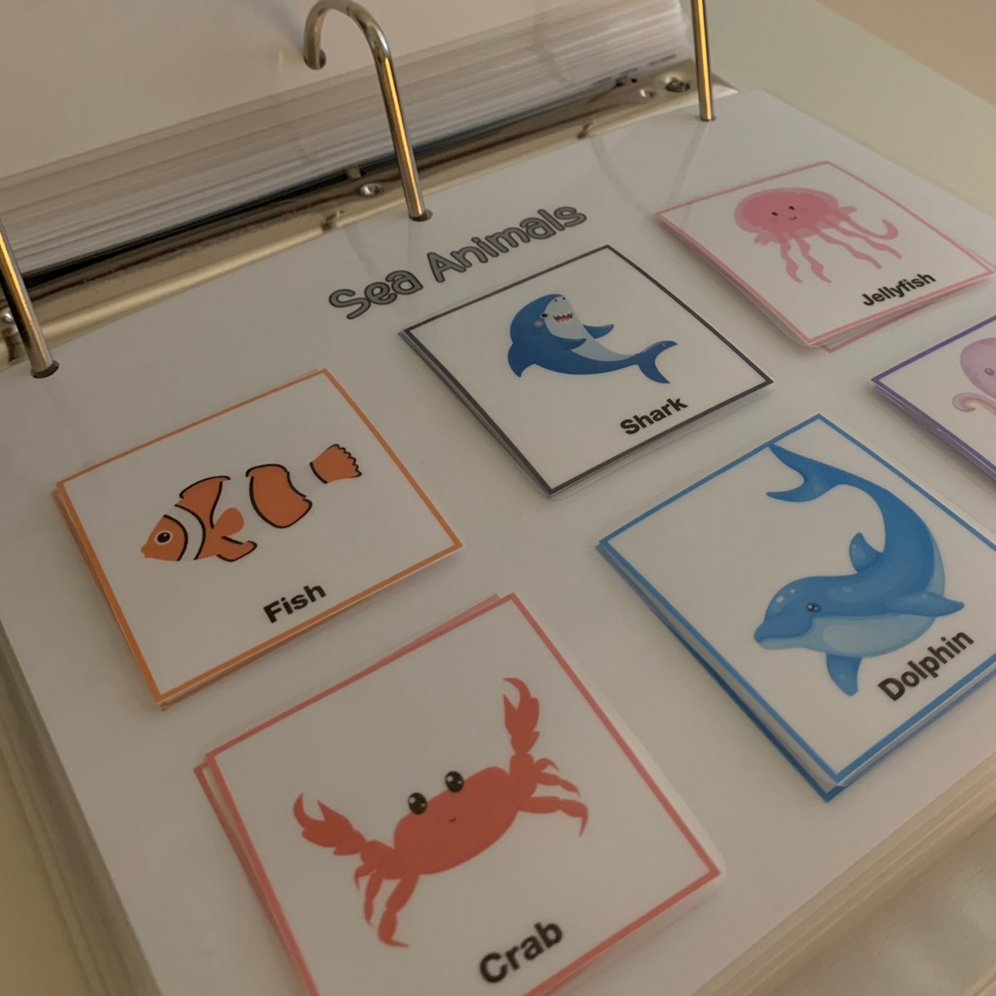 Explore our learning binders| 25 engaging activities, 200+ pictures including 16 from complementary task analysis activities to spark exploration and growth! This picture showcases our sea animals page which includes six sea animals.