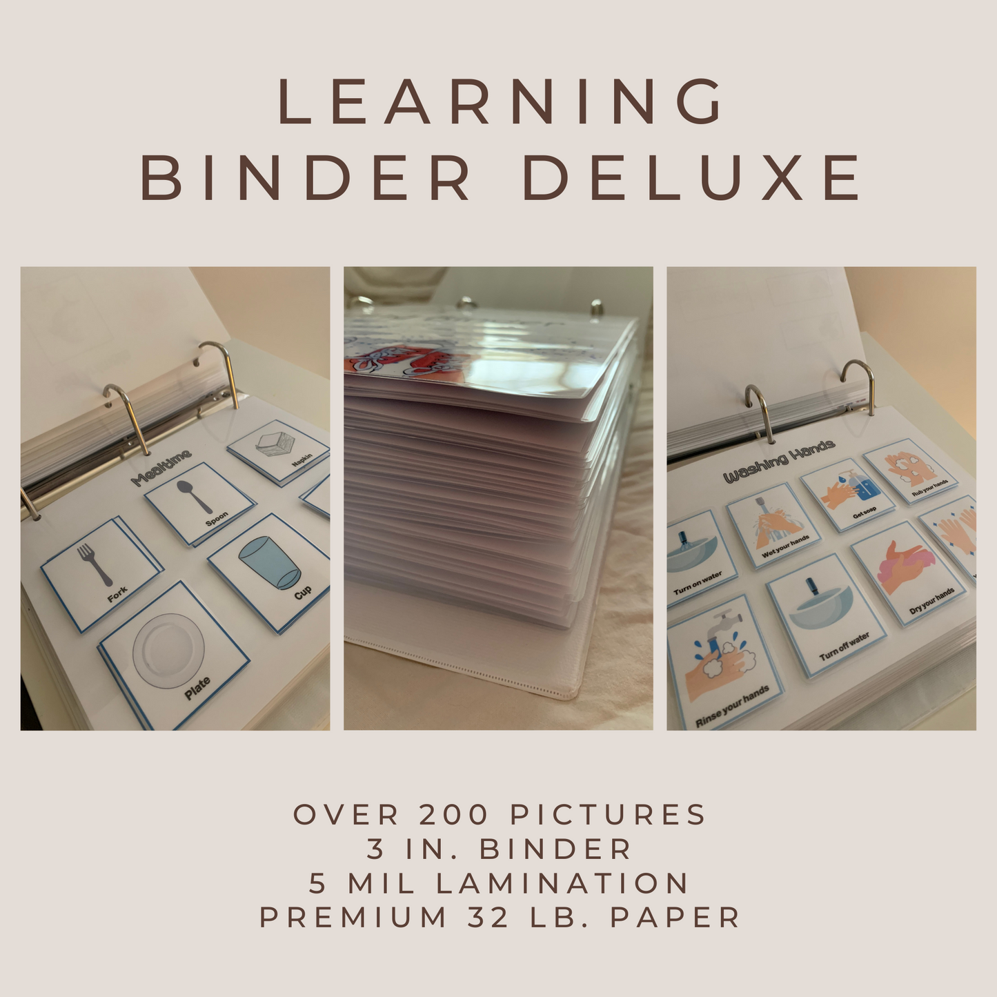 Explore our learning binders| 25 engaging activities, 200+ pictures including 16 from complementary task analysis activities to spark exploration and growth! Our binder is 3 in. and each page is printed on 32 lb. paper with 5 mil lamination