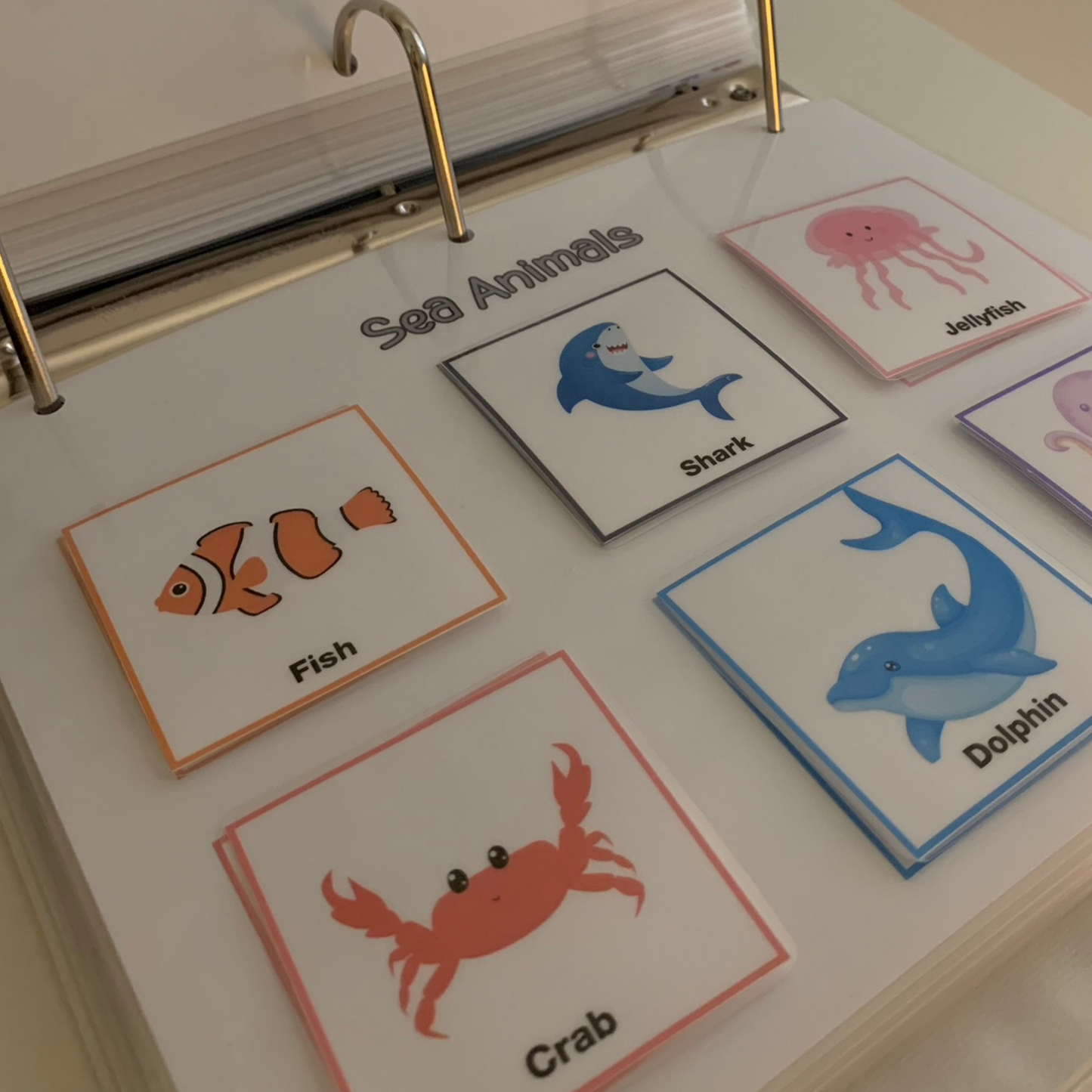 Explore our learning binders| 25 engaging activities, 200+ pictures including 16 from complementary task analysis activities to spark exploration and growth! This picture showcases our sea animals page which includes six sea animals. 